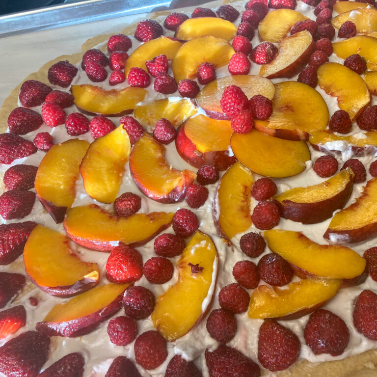 Dairy-free fruit pizza with a sugar cookie crust